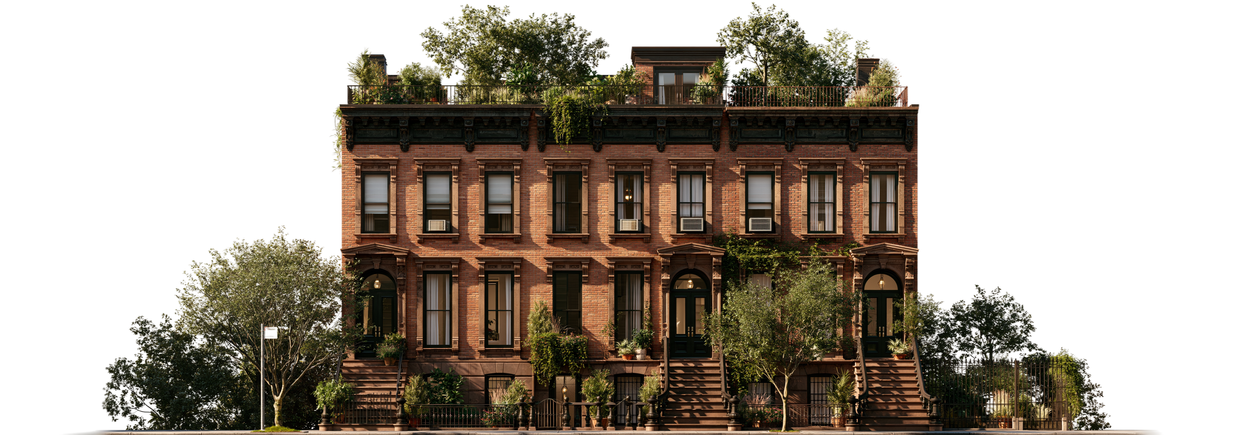 A brick brownstone with a rooftop garden